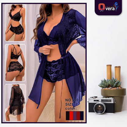 3 pcs short Gown lingere with matching Bra and Penty
